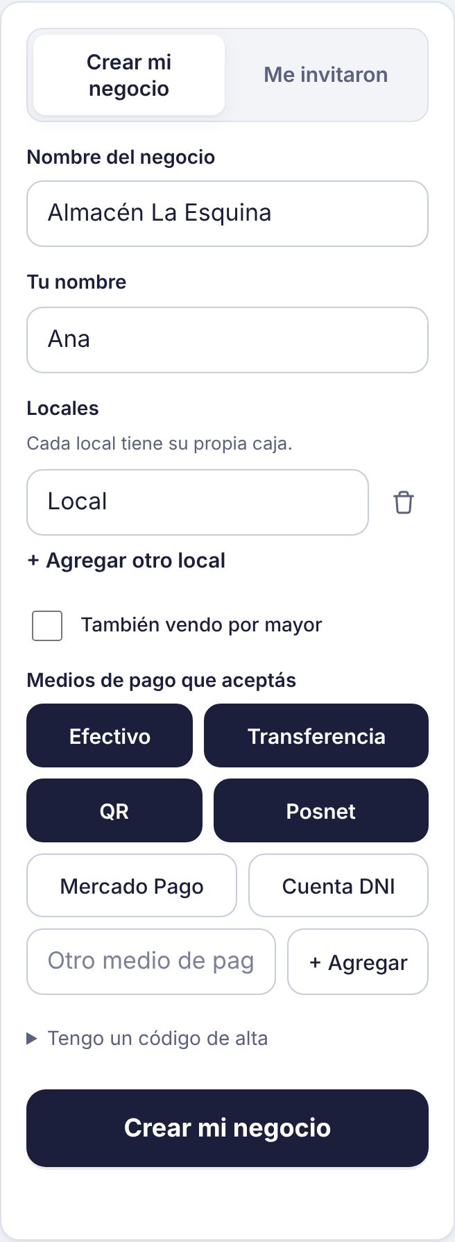 Formulario de alta del negocio con nombre, locales y medios de pago