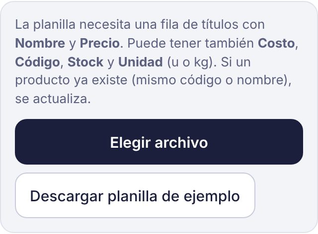 Panel para importar productos desde una planilla de Excel
