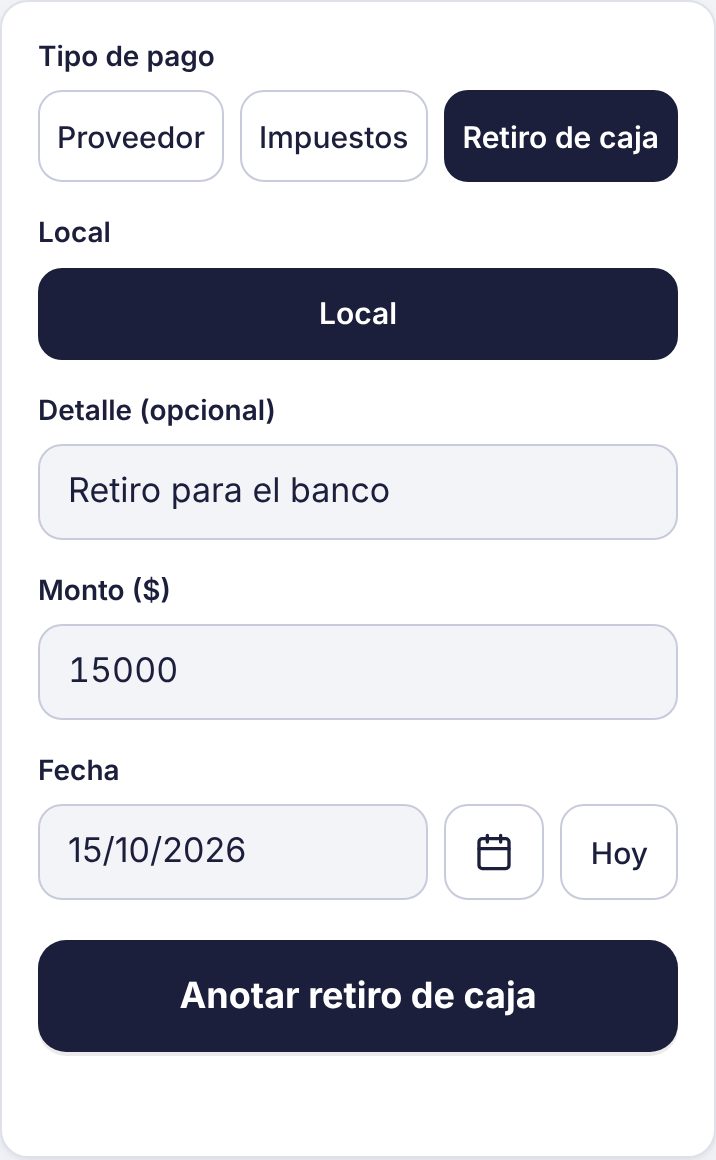 Pantalla de pagos con un retiro de caja de 15.000