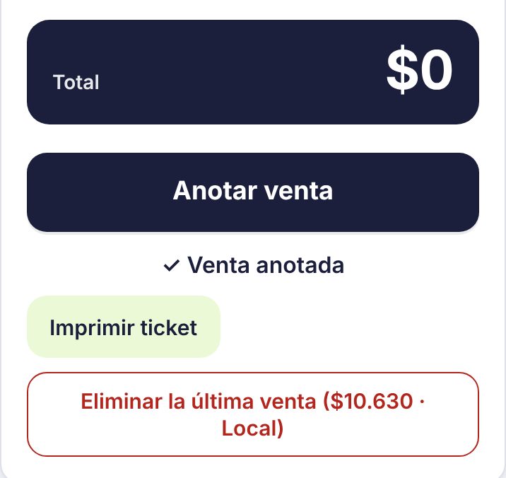 Venta anotada con los botones para imprimir el ticket y eliminar la venta