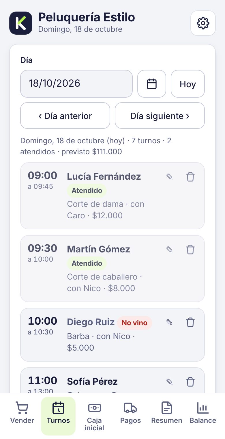 Agenda de turnos en Kovo de una peluquería: cortes, color y mechas del día con quién atiende cada uno