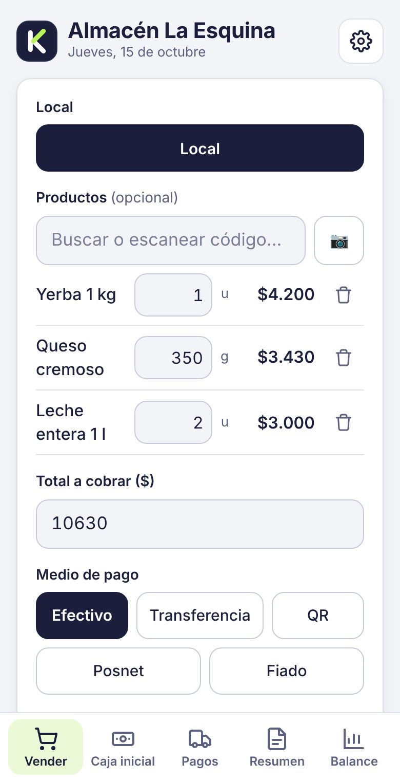 Pantalla de Kovo para anotar una venta: local, productos, total, medio de pago y vuelto